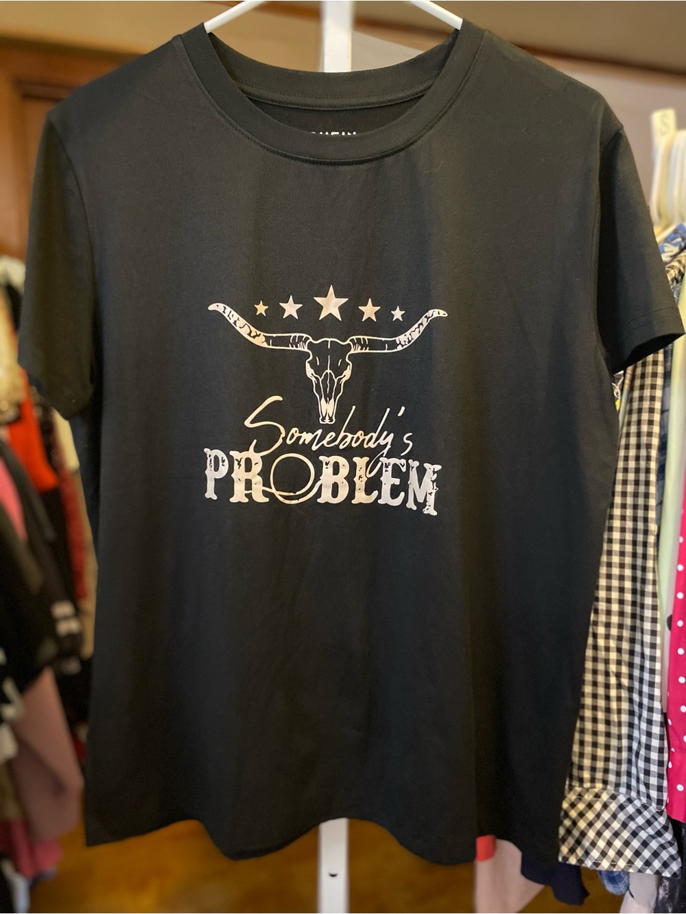 SHEIN Black Tee with White Western Skull Graphic - Somebody’s Problem